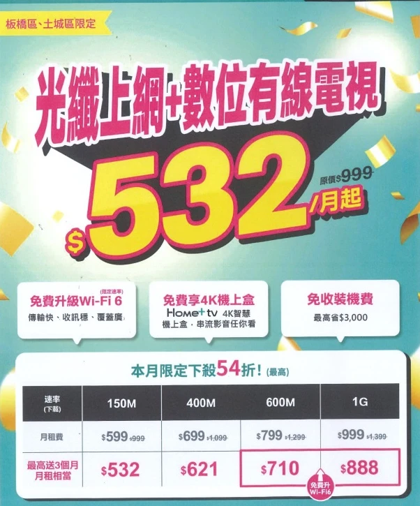 板橋土城優惠限定!光纖網路+第四台限時優惠價每月只要$532起